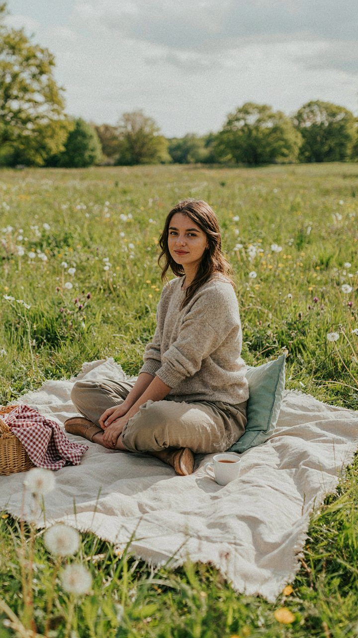 A person sits on a picnic blanket with a pillow supporting their back.