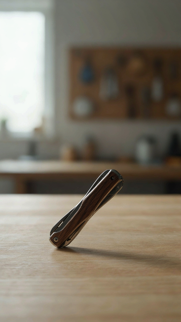 A single, useful multi-tool rests on a clean workbench.