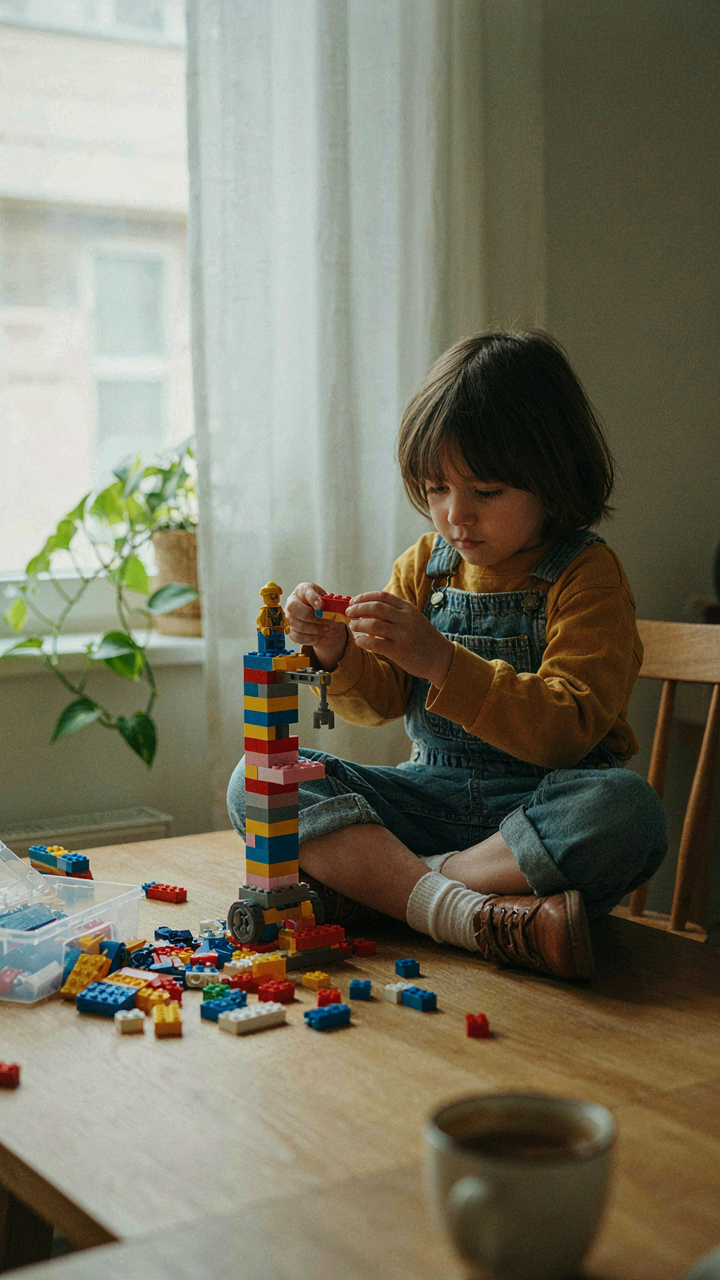 A child cleverly connects different LEGO bricks to build a complex structure.