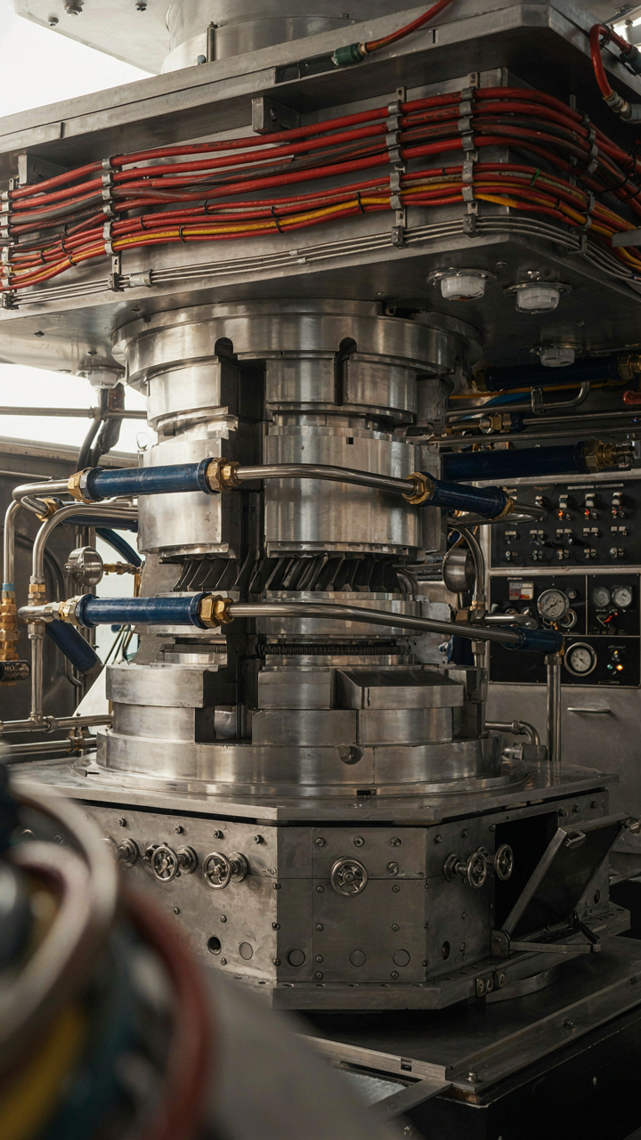 A detailed look inside a complex machine with many pipes and wires.