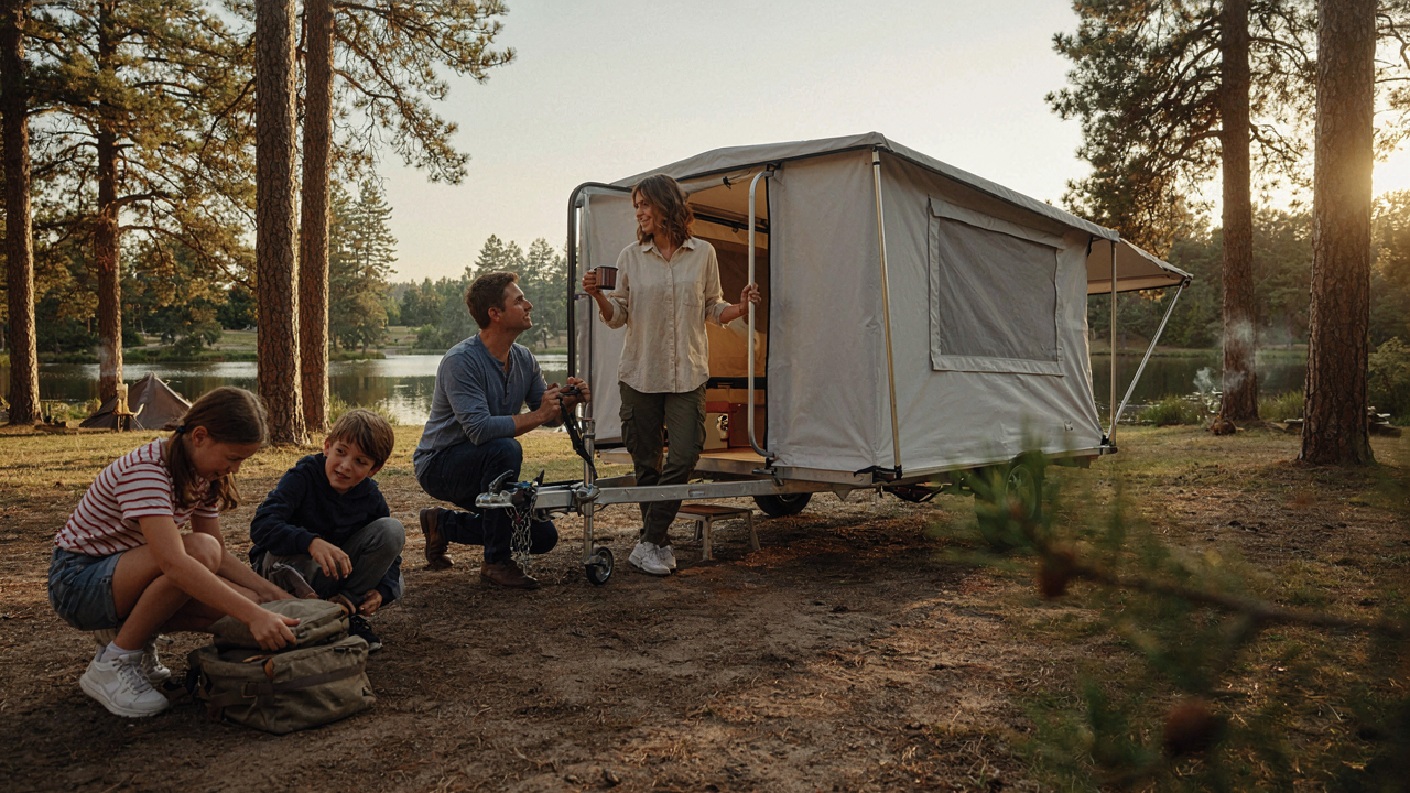 A family smiles while setting up their pop up camper in a beautiful campground at sunset.