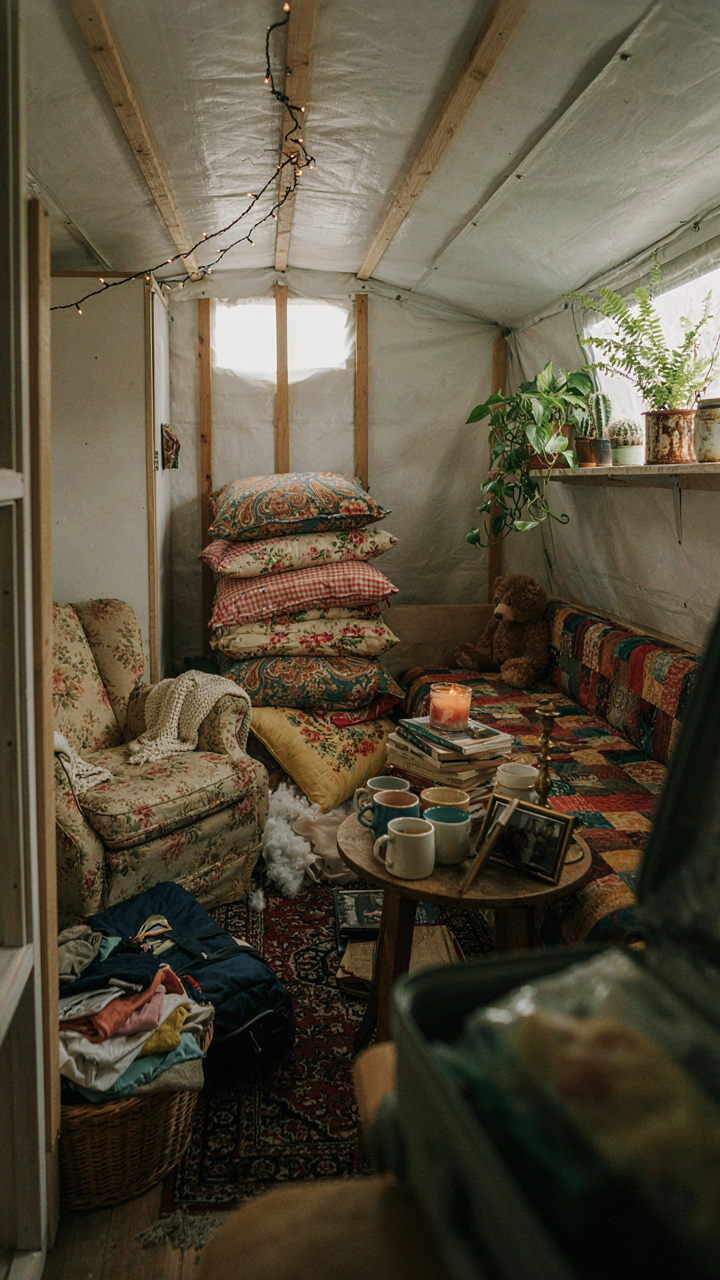 A pop up camper full of too many decorative items makes it messy.