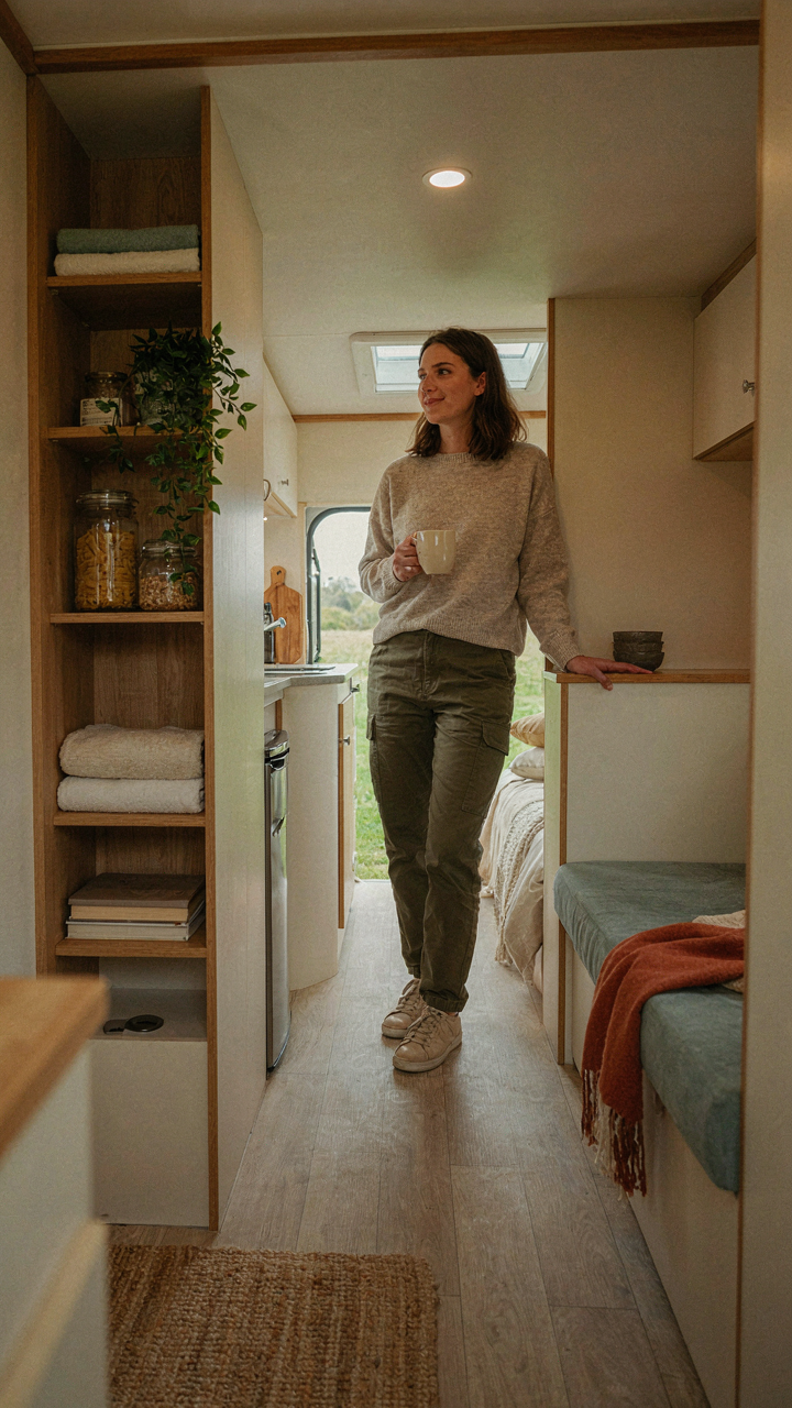 A person stands in a spacious pop up camper with smart vertical storage solutions.