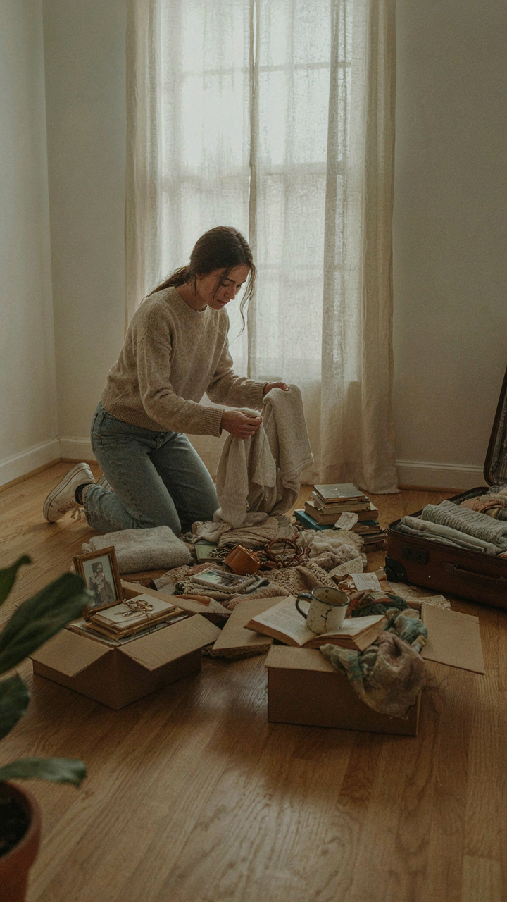 A person sorts through belongings, separating essential items from unnecessary clutter.
