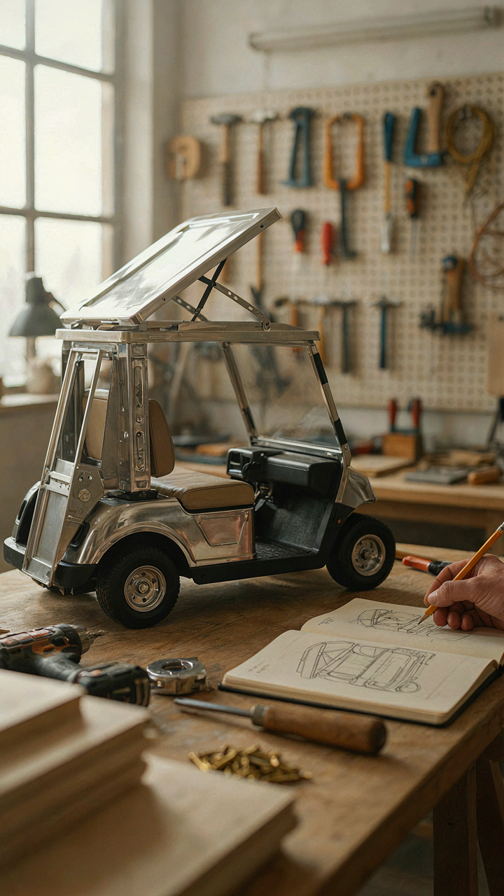 A partially built pop up camper prototype sits in a workshop.