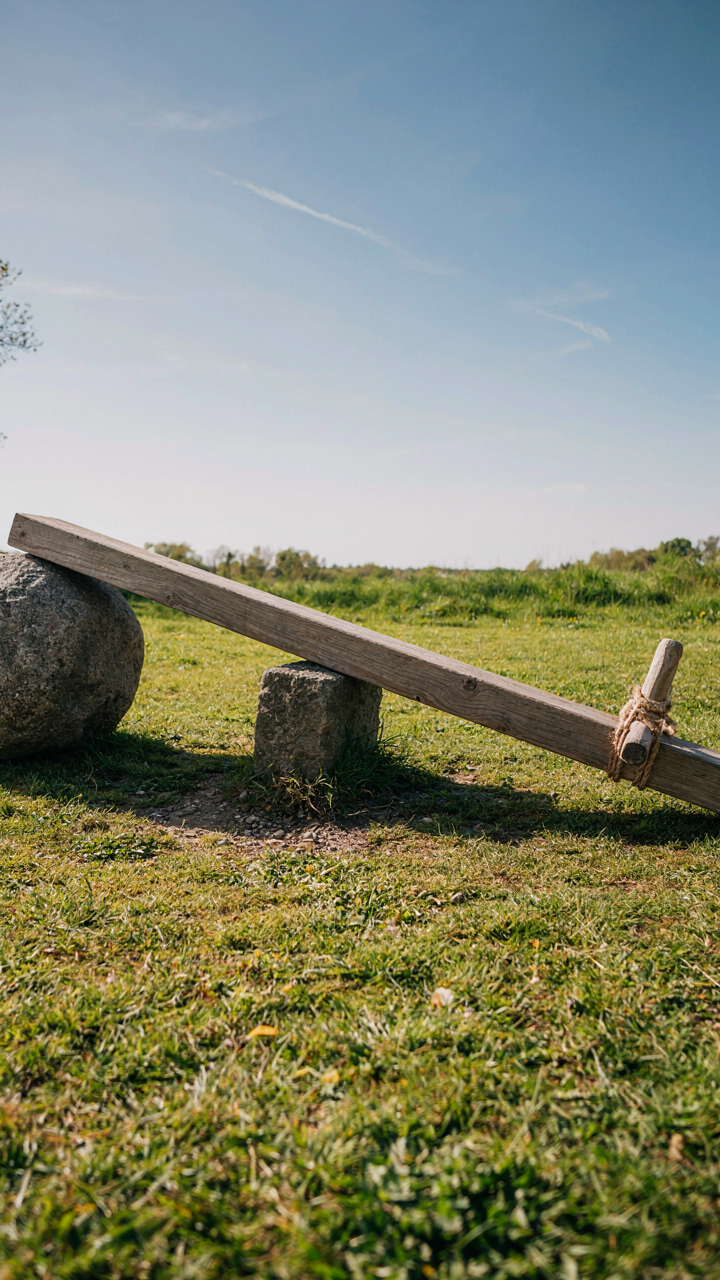A simple lever and fulcrum system lifts a heavy rock, showing leverage at work.
