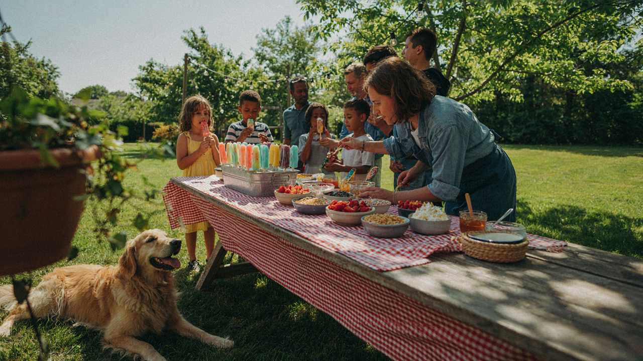 A lively backyard party with a colorful popsicle bar offering various frozen treats.