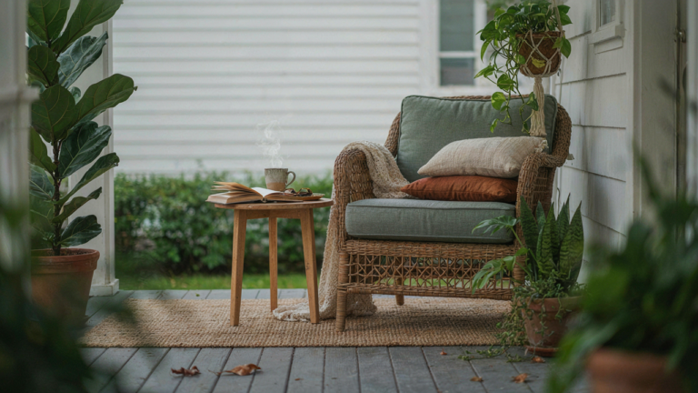 A cozy porch nook with comfy chairs, plants, and soft lights, perfect for relaxing.