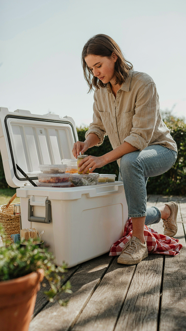 A person carefully packs sturdy containers of food into a cooler for a picnic.