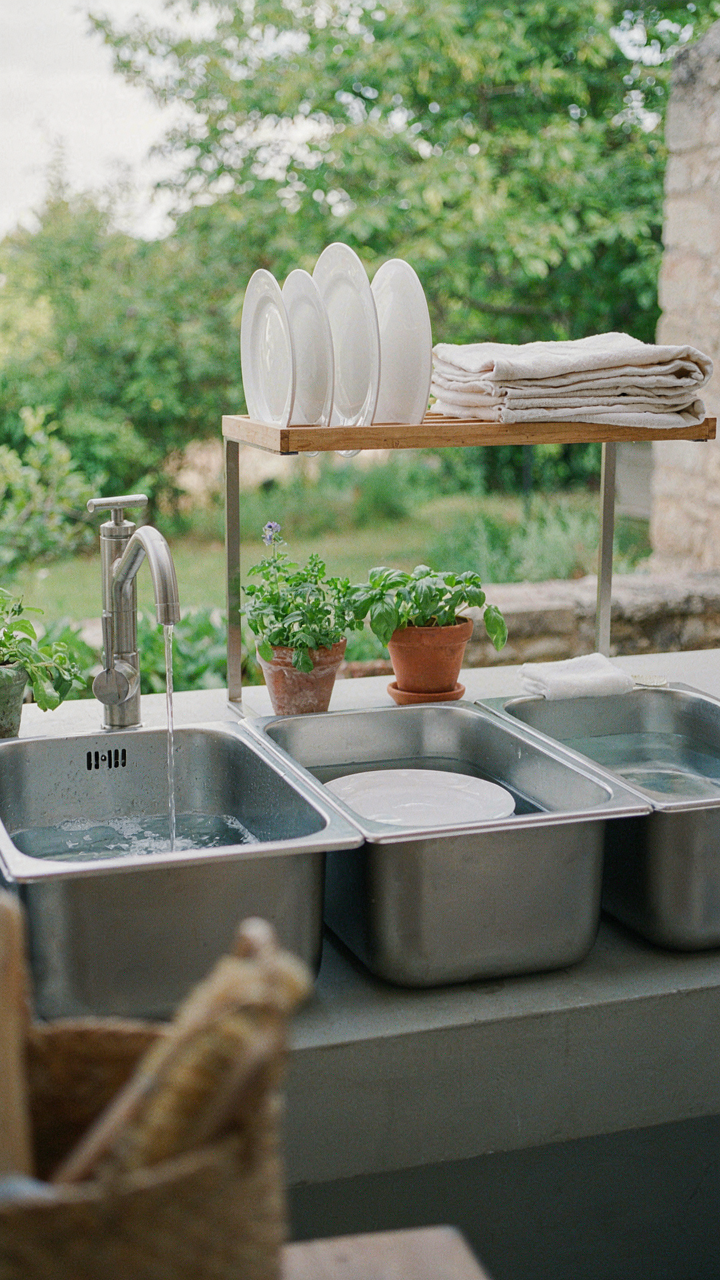 An organized outdoor wash station with three basins for efficient cleanup.