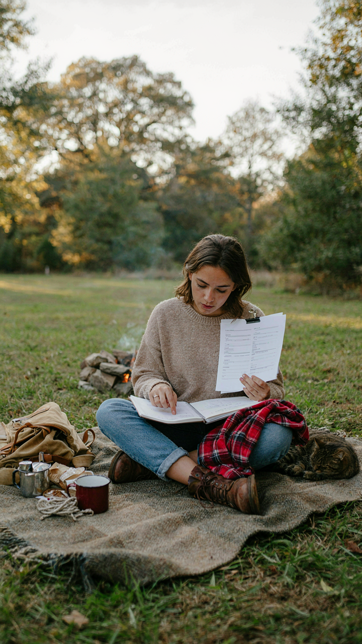 Someone reviews notes and a checklist after backyard camping.