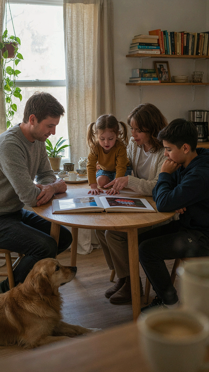 A family sits around a table looking at a photo album.