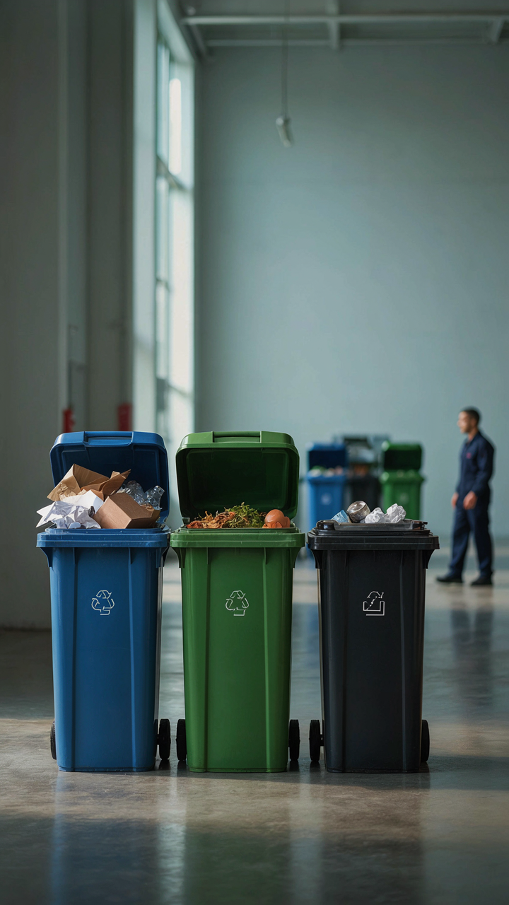 Clearly labeled bins for recycling, compost, and trash are lined up.