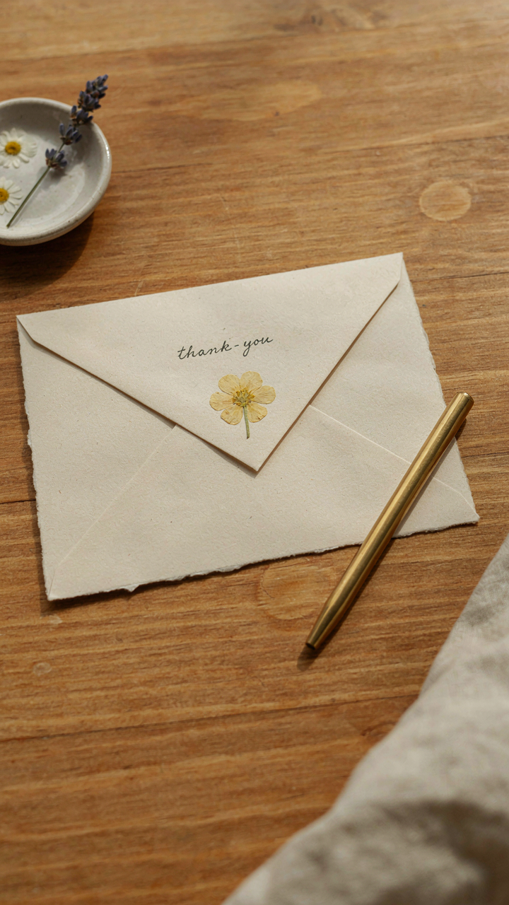 A handwritten thank you note holds a small, pressed flower.