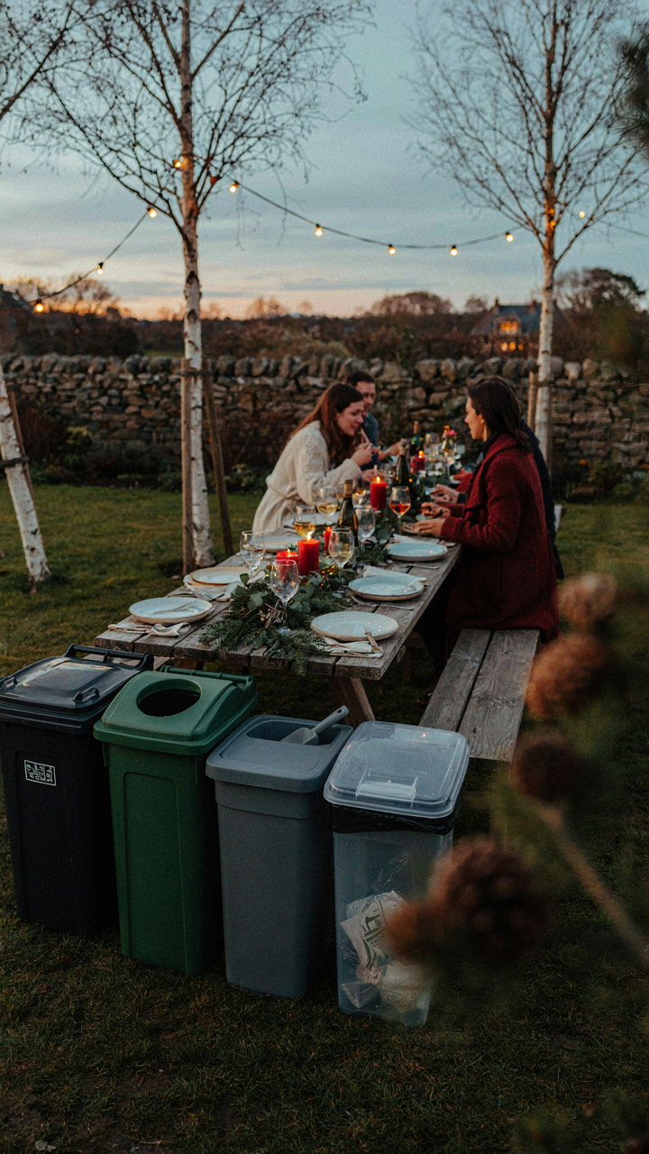 Waste and recycling bins are placed near a table at a party.