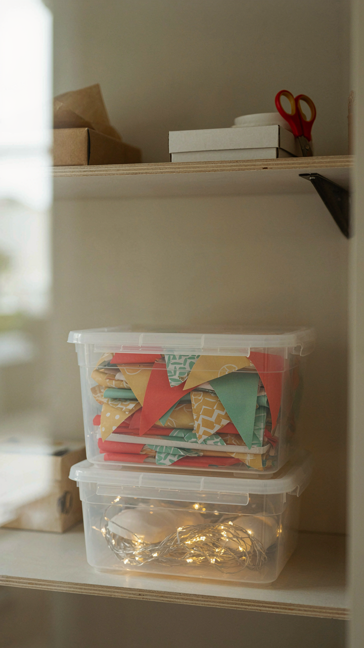 A folded outdoor birthday banner is stored in a waterproof container.