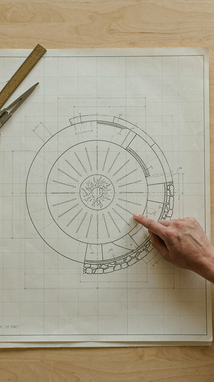 A hand points to an area on a blueprint of a fire pit design.
