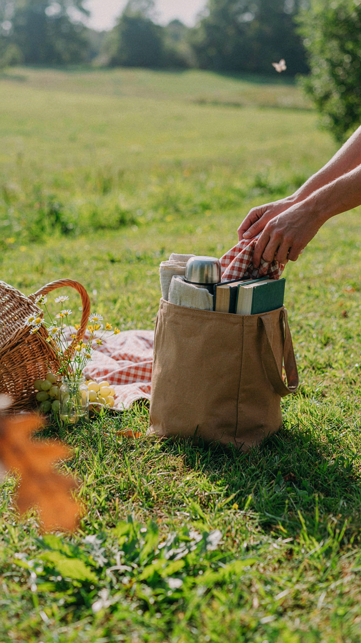 Hands efficiently pack items into an organized bag after a sunset picnic.