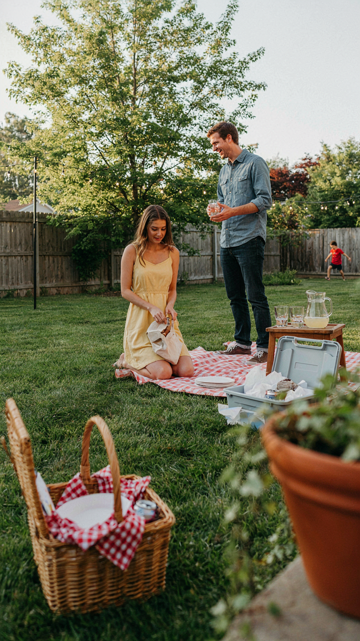 Guests casually leave a tidy backyard picnic, placing plates in a bin.