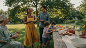 A lively potluck garden party with guests eating and talking in a lush green backyard.