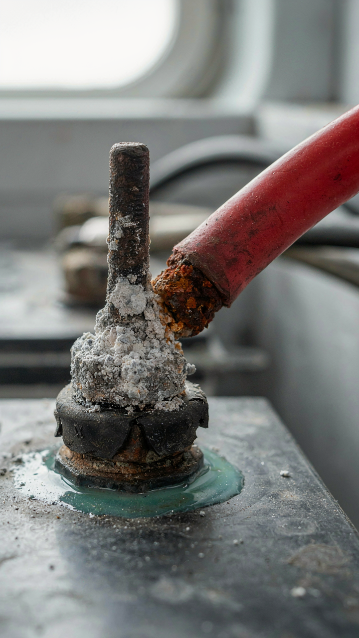 A corroded lead-acid battery terminal with white sulfate.
