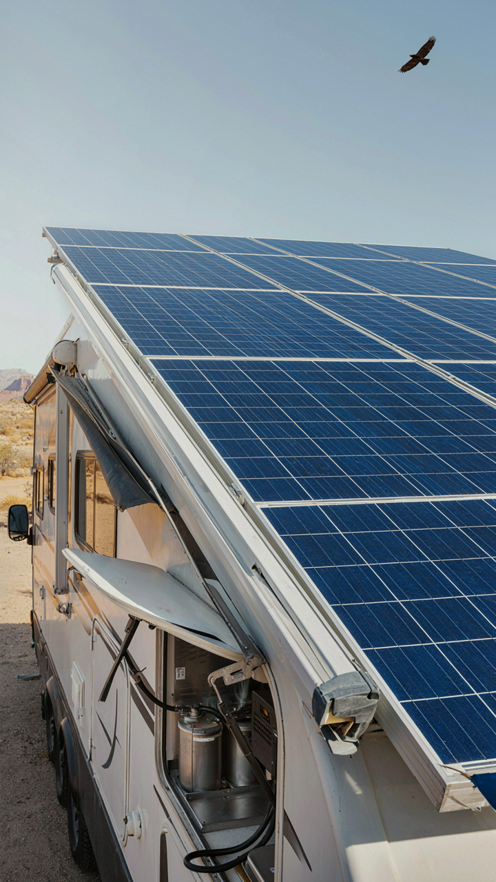 Solar panels on an RV roof with wires leading to batteries for energy.