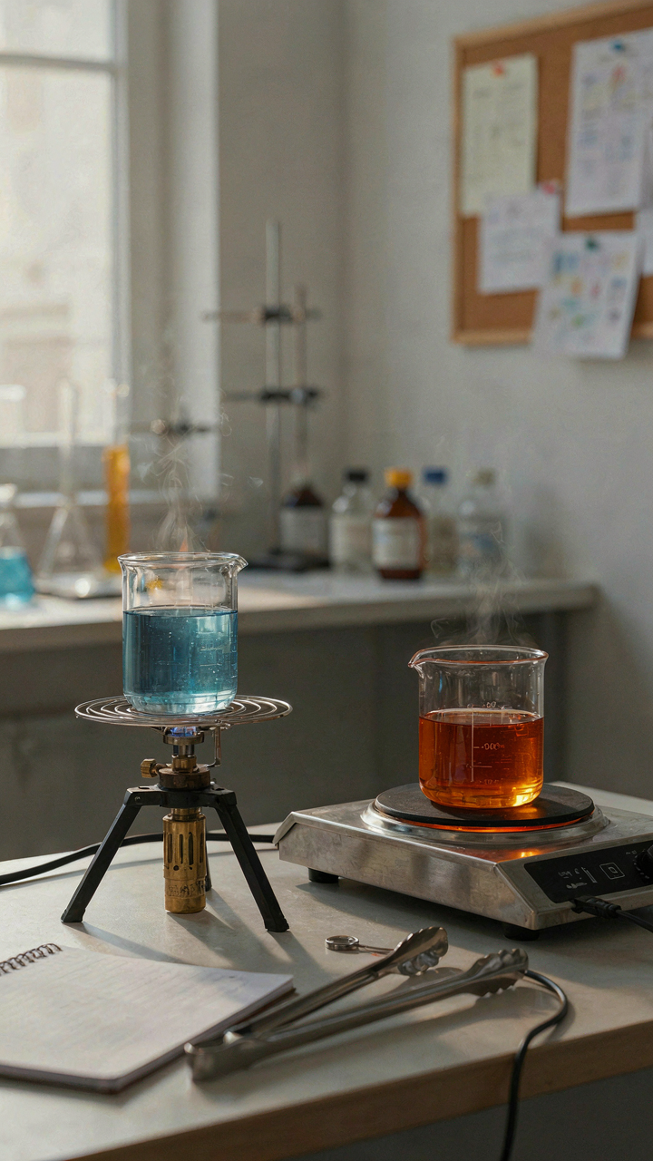 A science lab with a propane burner and electric hot plate.