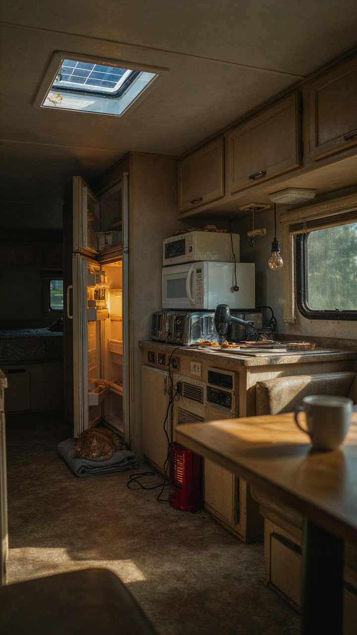A small solar panel trying to power many appliances inside a dark RV.