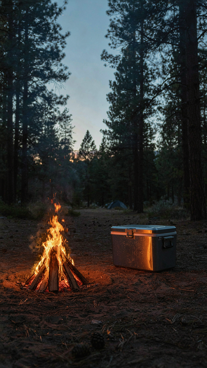 A metal cooler sits safely away from a campfire at dusk.