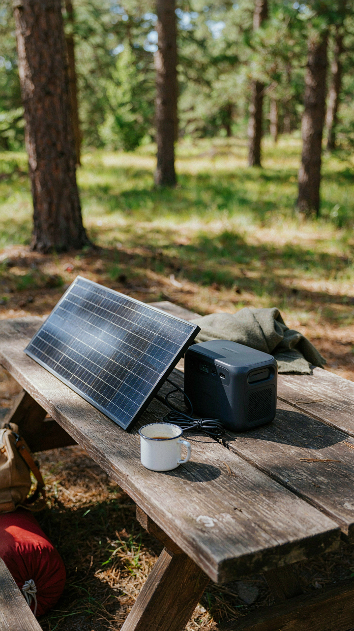 A small solar panel charging a portable power station at a campsite.