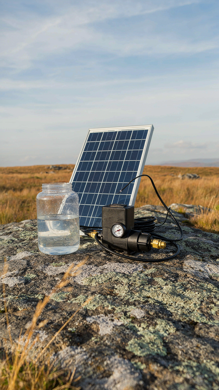 A small 12V pump powered by a solar panel for an off grid camp shower.