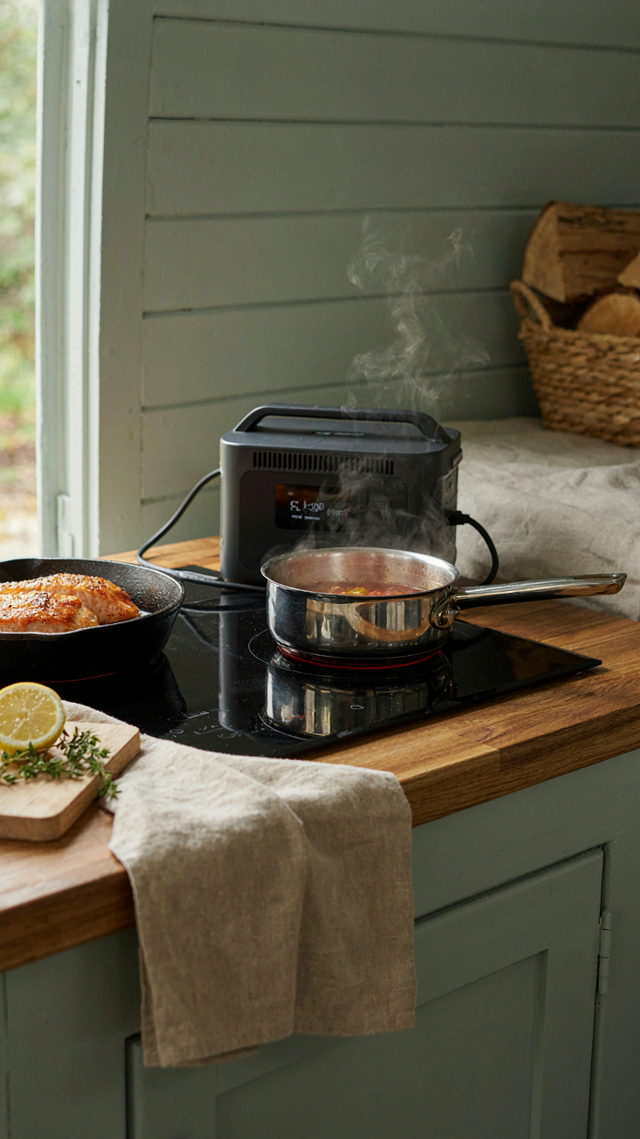 A portable induction cooktop gets power from a battery in a small van.