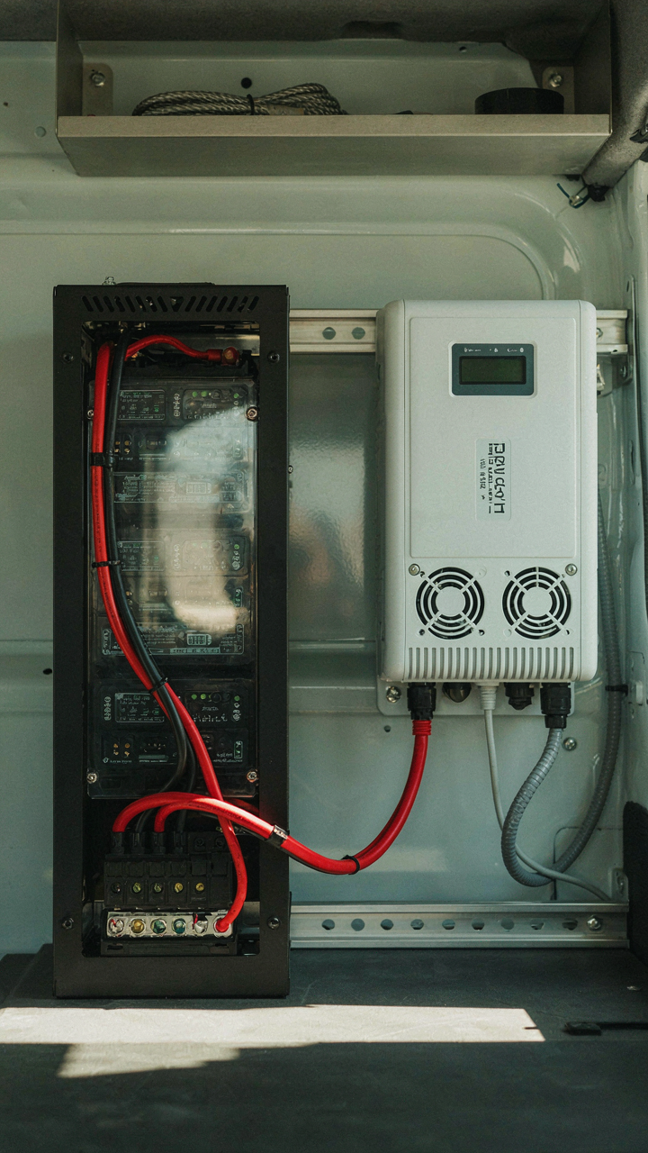 A detailed view of a battery bank and electrical inverter inside a van.