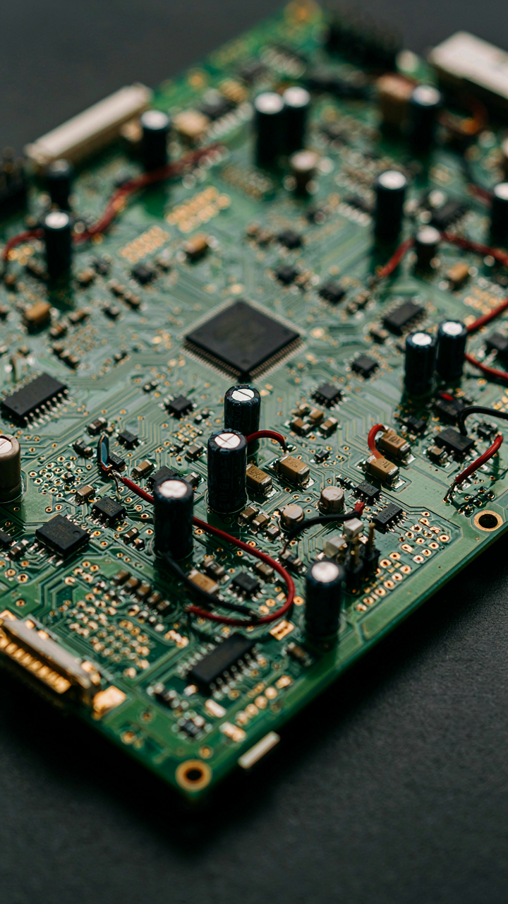 A complex electrical circuit board shows many wires and components.