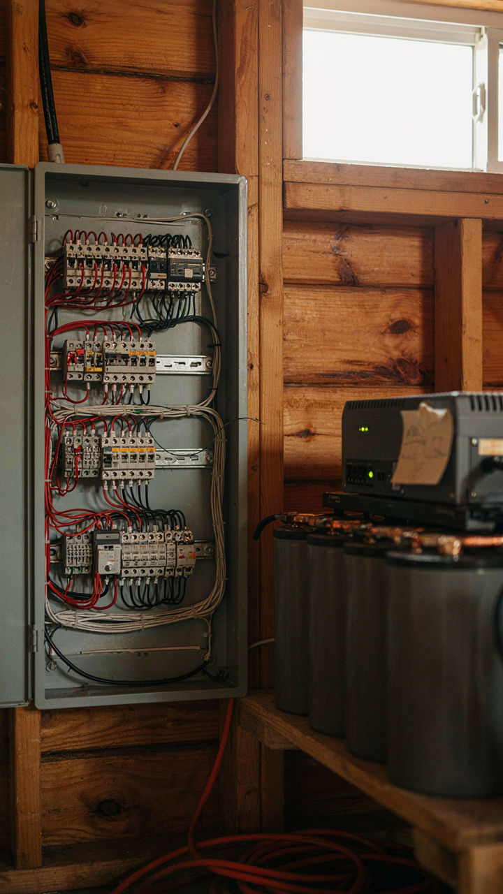 A complex electrical panel with battery bank inside a small off-grid cabin.