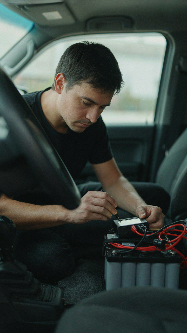 A person calculates power use on a digital meter in a vehicle.