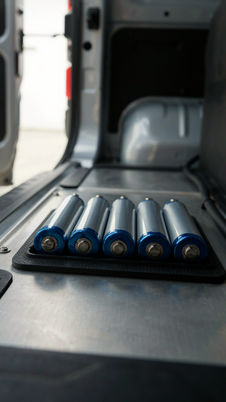A row of lithium batteries neatly arranged inside a van's power compartment.