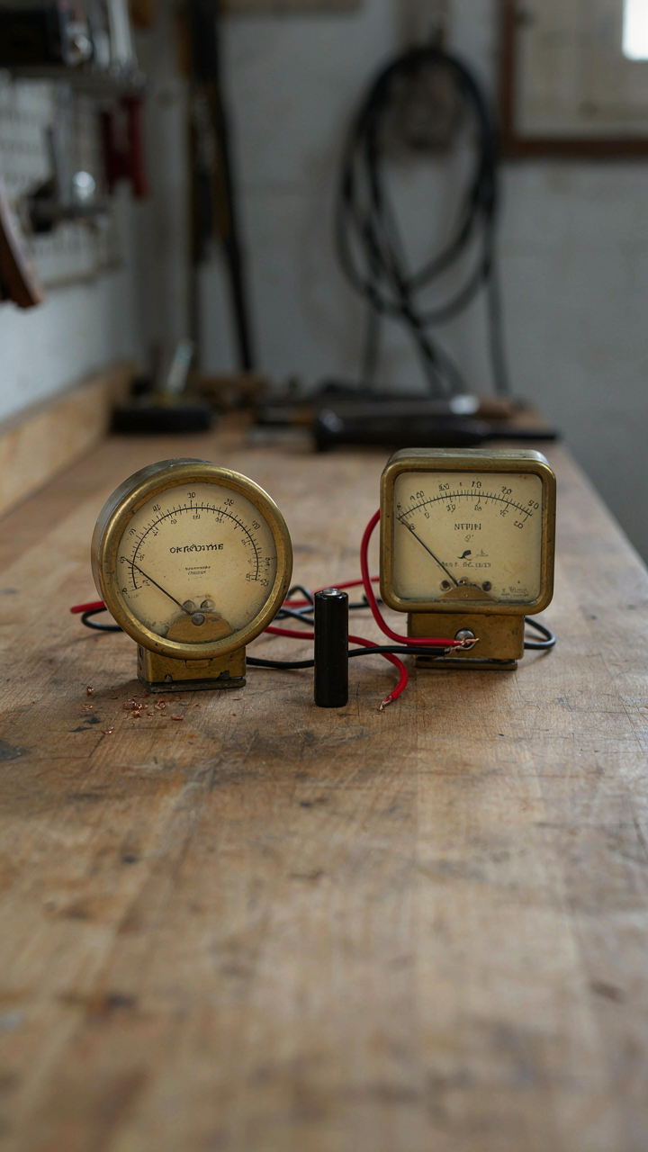 An antique ammeter and voltmeter on a workbench with wires.