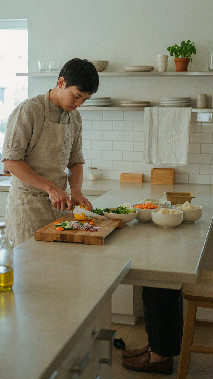 Someone chops vegetables on a clean kitchen counter for campout food prep.