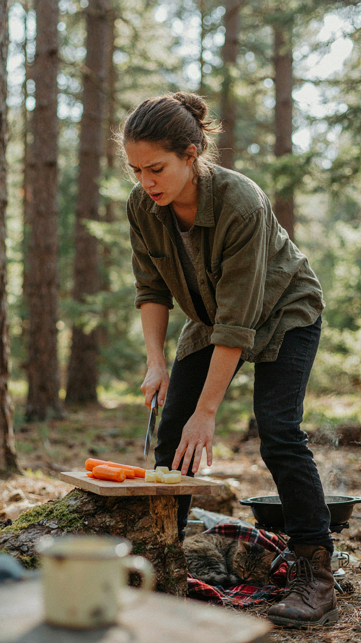 A person struggles to chop vegetables on an unstable cutting board at a campsite.