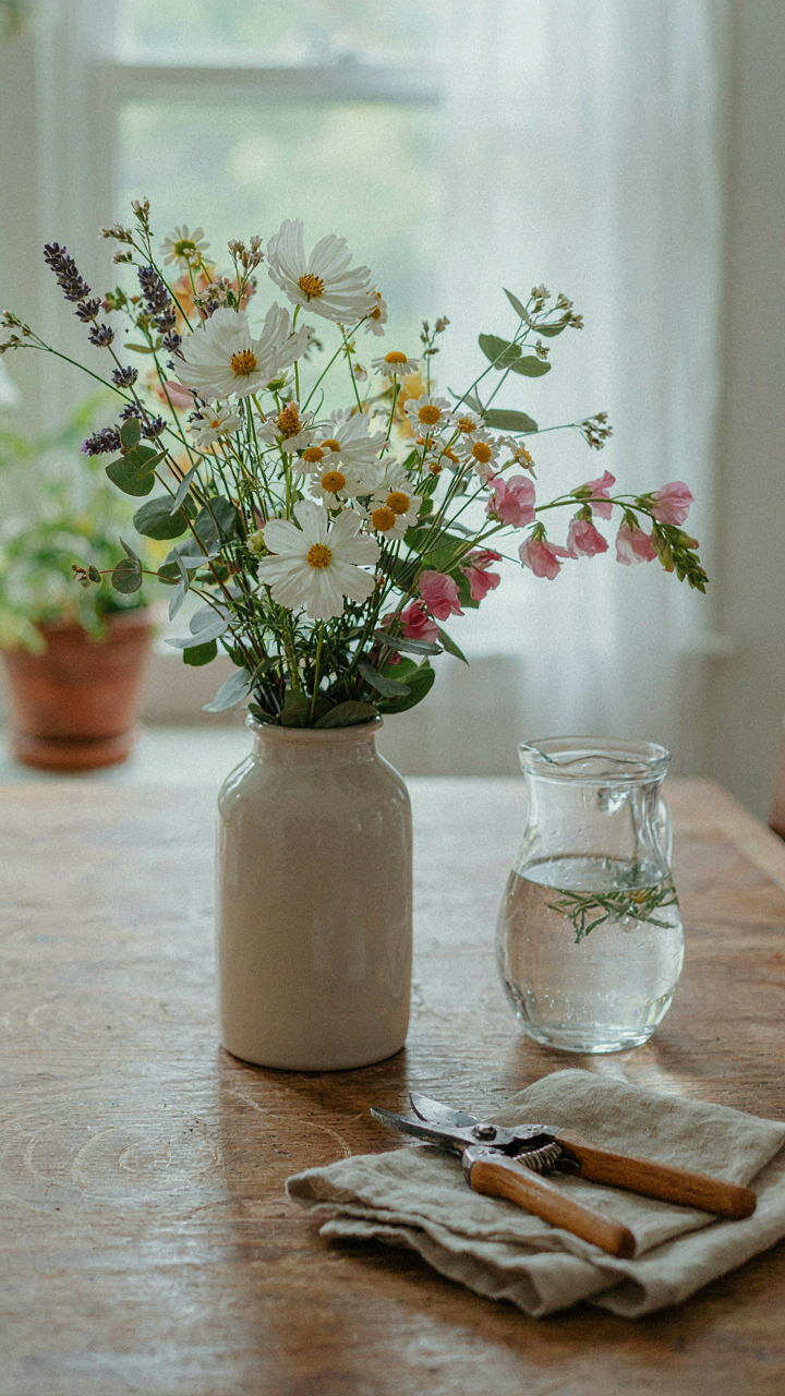 Fresh wildflower table centerpieces sit next to water and pruning shears.