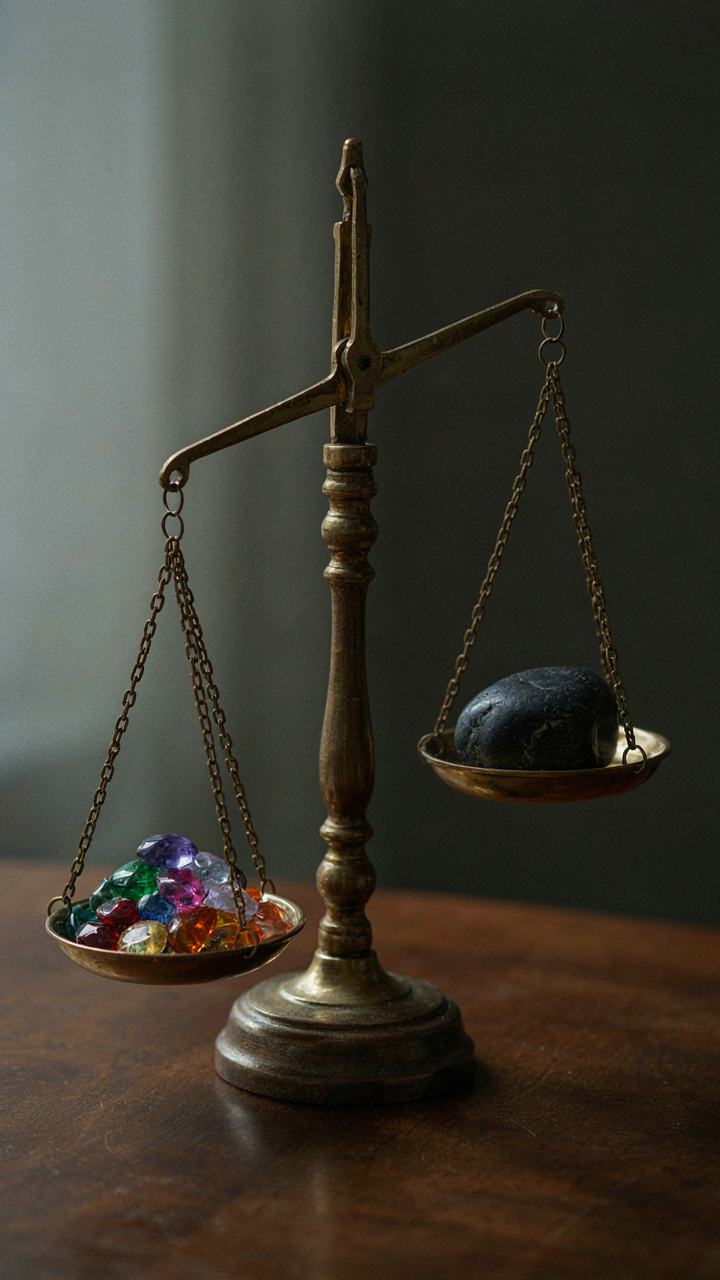 An old balance scale shows bright gems on one side, a dark rock on the other.