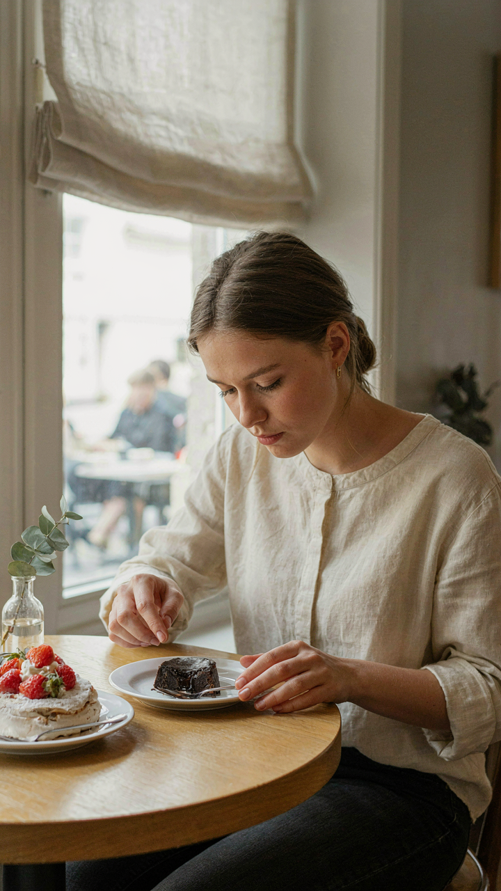 A person looks at two delicious desserts, trying to choose only one.