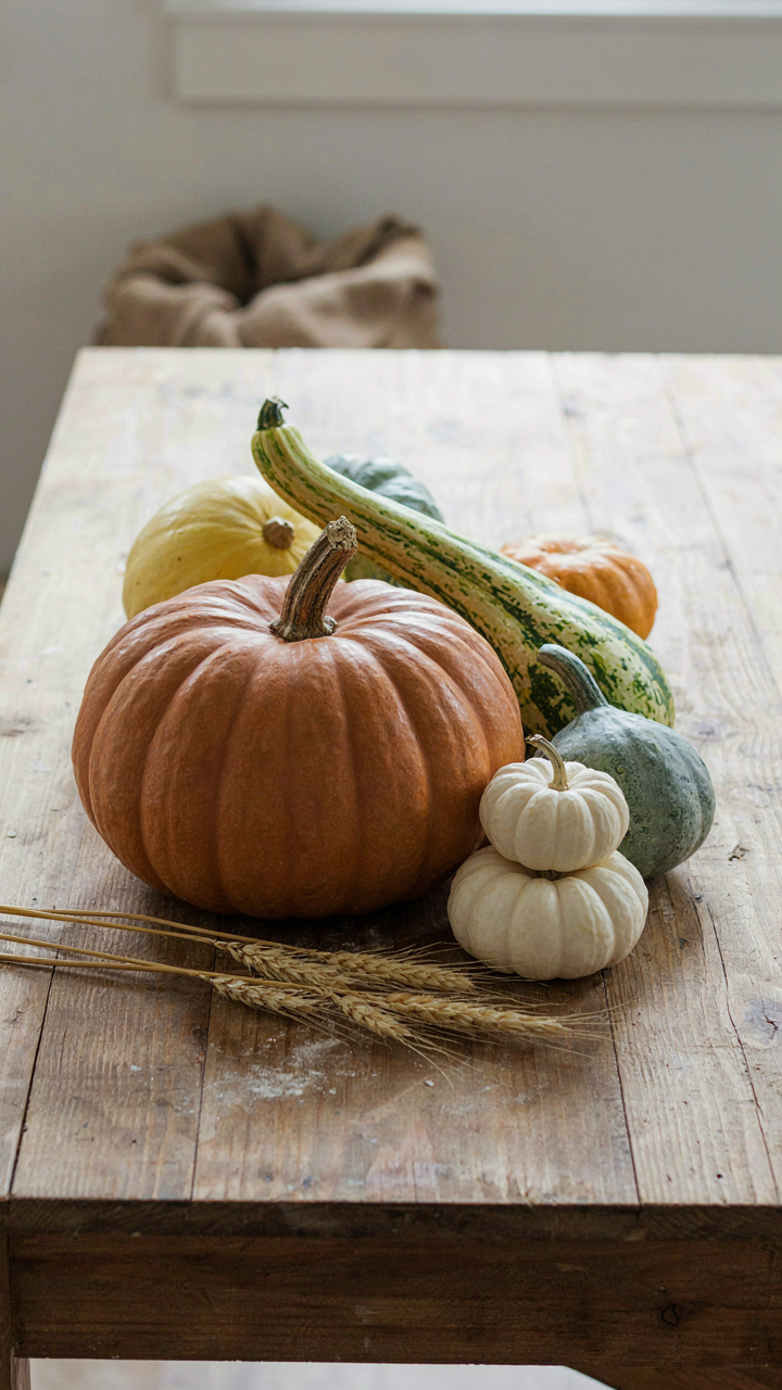 A colorful variety of heirloom pumpkins and gourds on a wooden table.