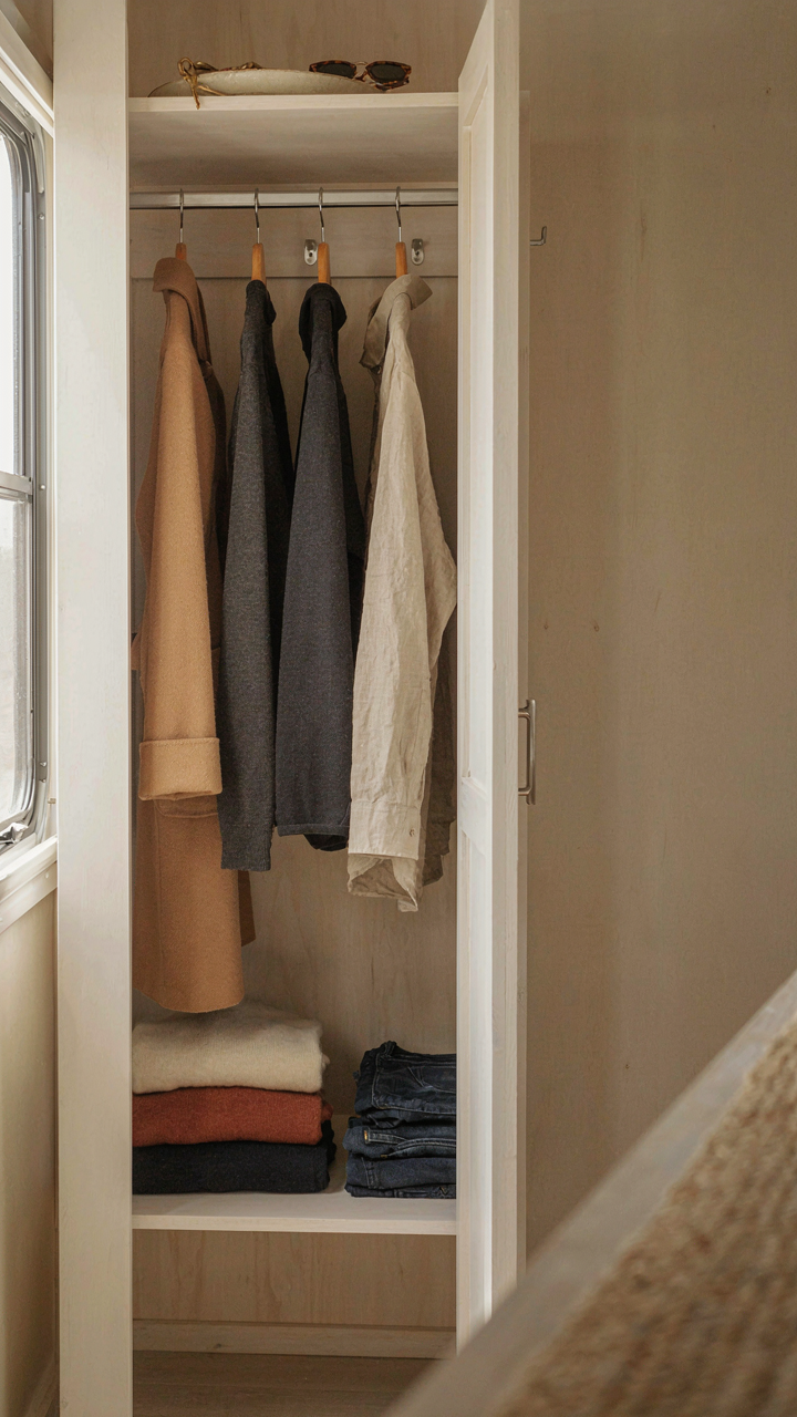 A small, curated wardrobe with only essential clothing items.