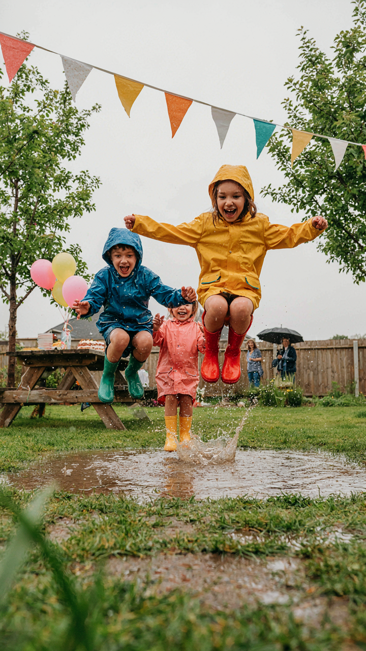 Children in raincoats jump in puddles at a festive backyard party.