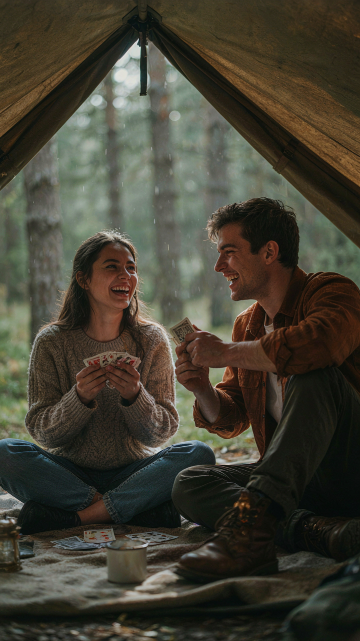 Two people happily play cards inside a tent while it rains outside.
