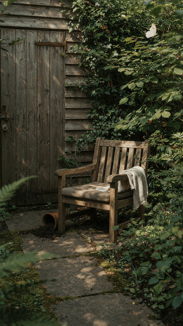 A quiet garden seating area in the shadow behind a wooden shed.