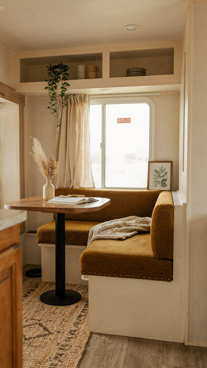 An RV interior features a custom dinette, with a 'Sold' sign on the window.