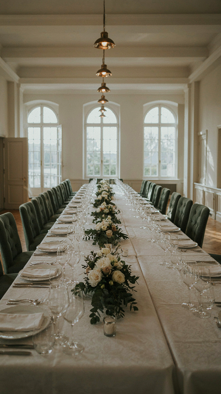 Long rectangular tables are arranged in lines at an outdoor party layout.